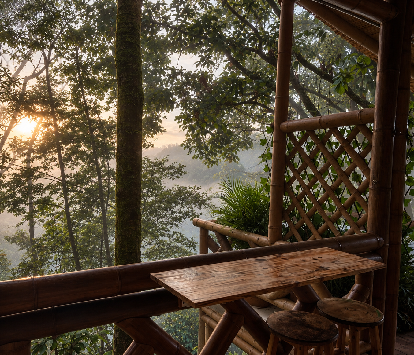 Terraza de bambú de Ananda Luxury con vista al bosque entre la niebla al amanecer