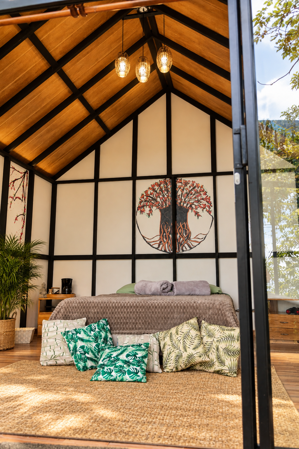 Interior de Diwalli con cama queen, techo de madera y vista al bosque