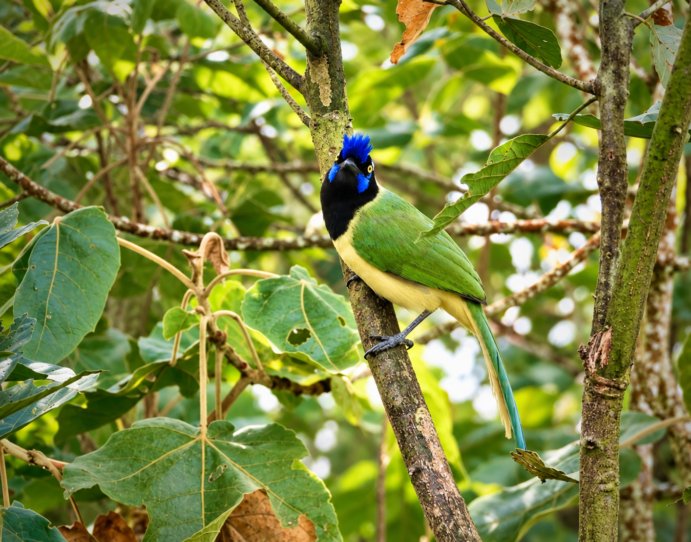 Arrendajo verde (Green Jay) sobre una rama en el bosque del Eje Cafetero