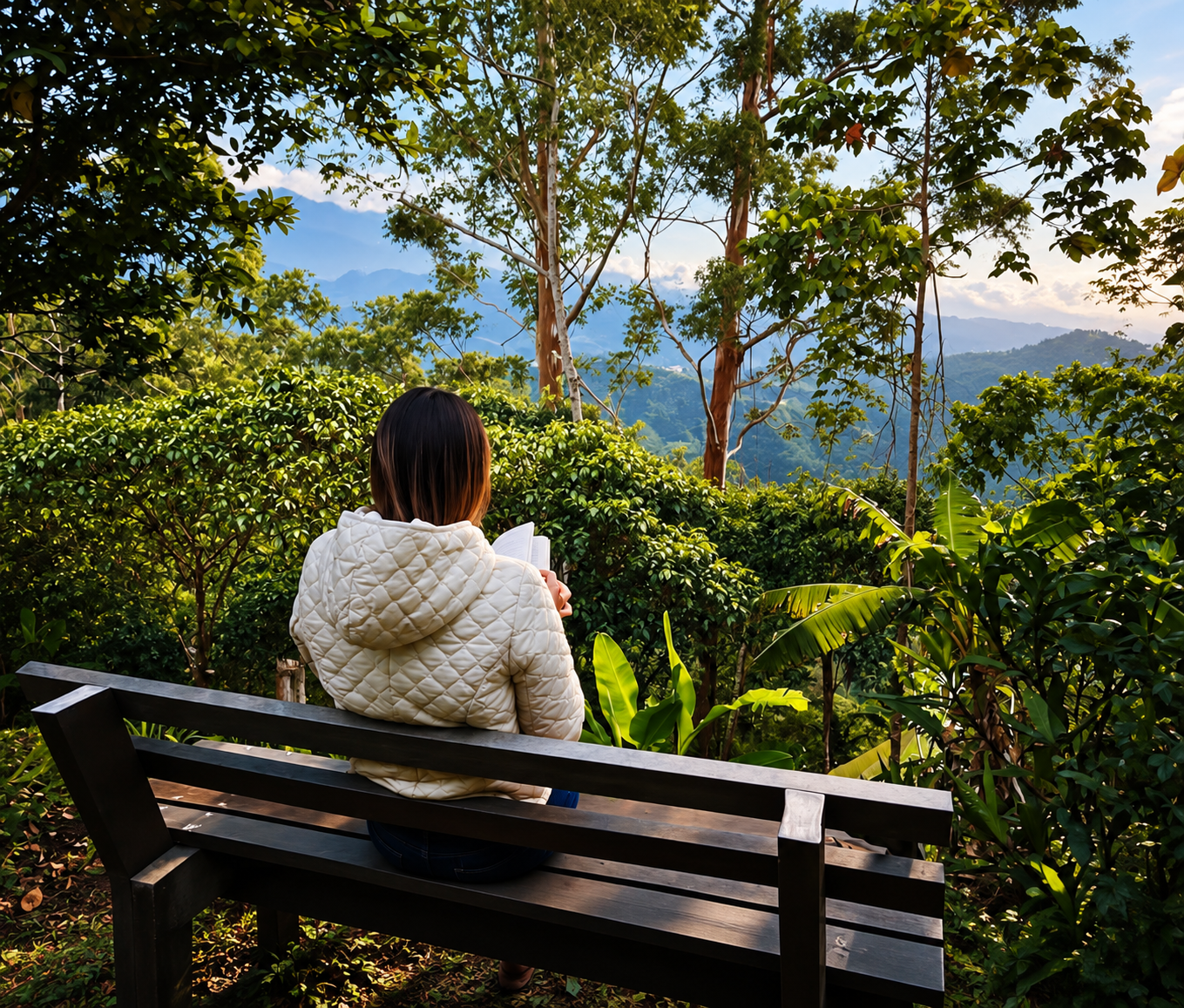Huésped leyendo en el mirador de madera con vista a las montañas del Eje Cafetero