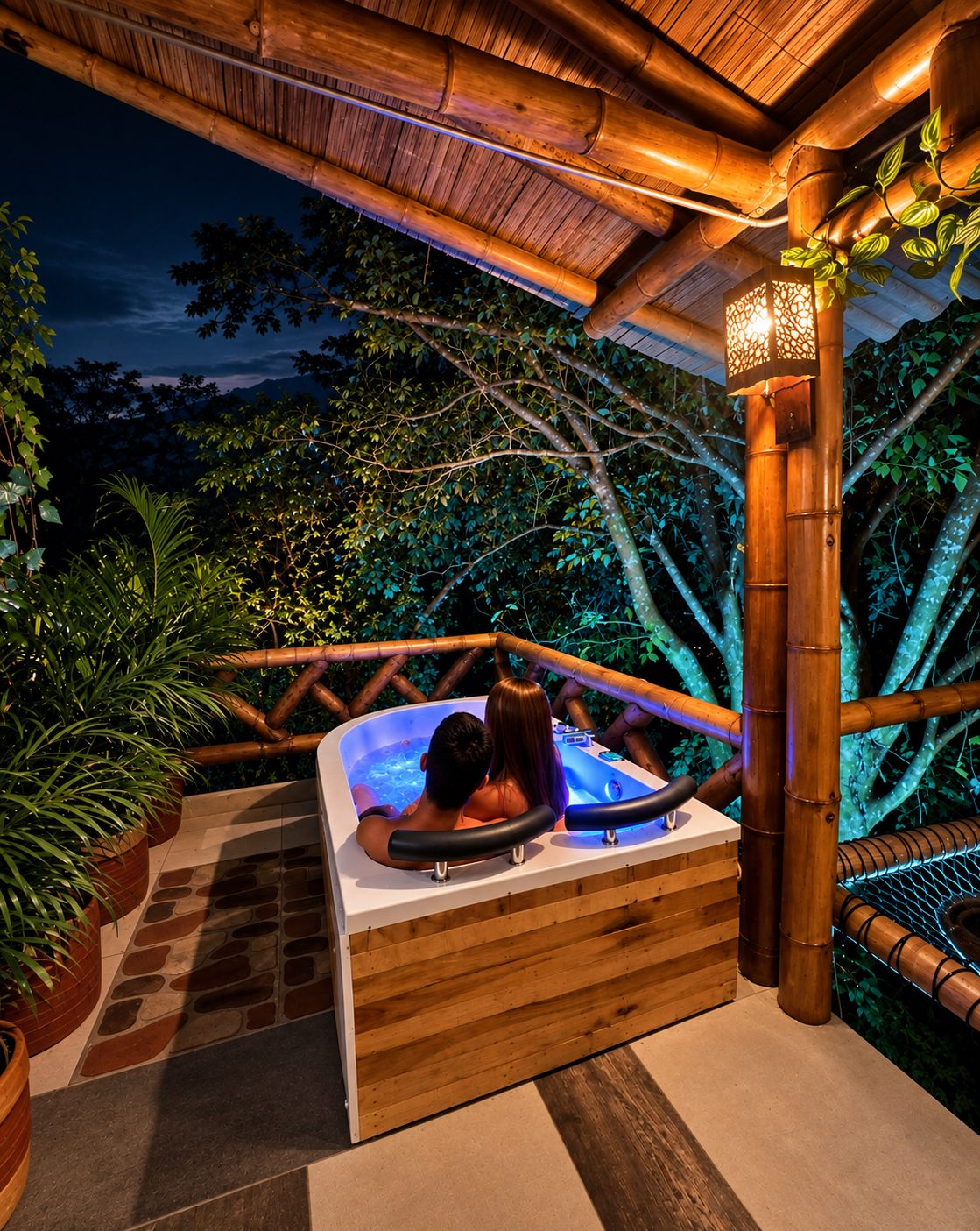 Pareja disfrutando el jacuzzi iluminado de noche en medio del bosque