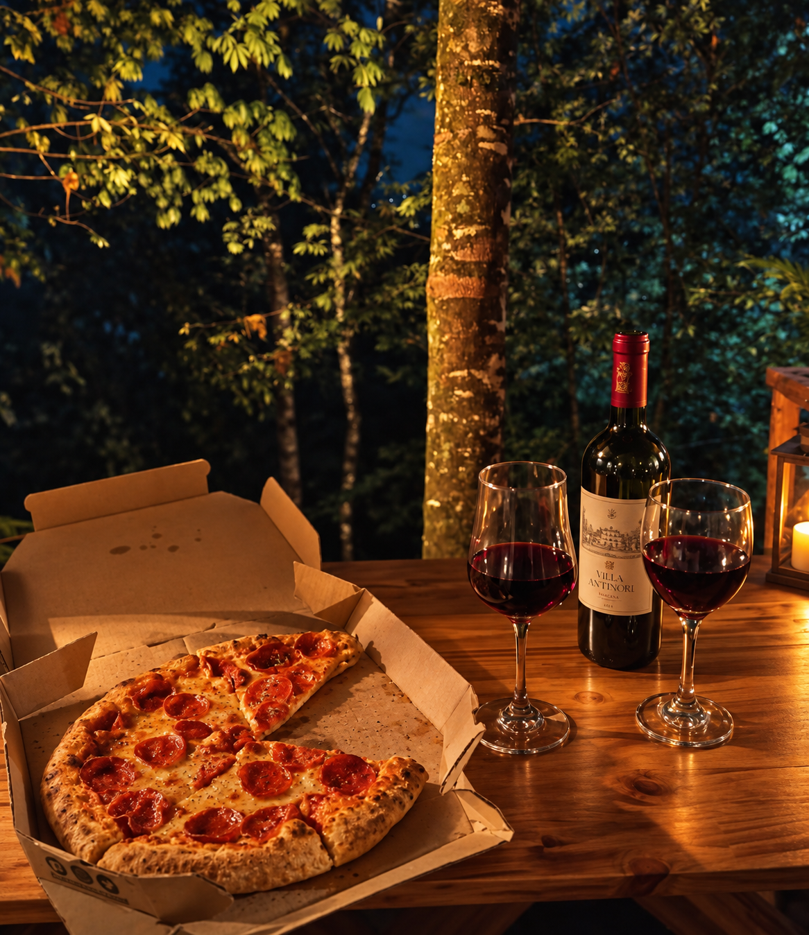Cena romántica nocturna en el bosque con pizza, vino y velas
