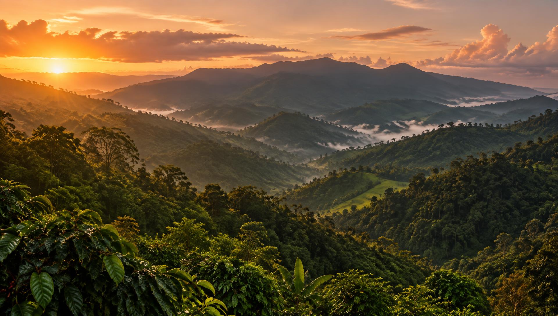 Montañas verdes del Eje Cafetero iluminadas por el atardecer