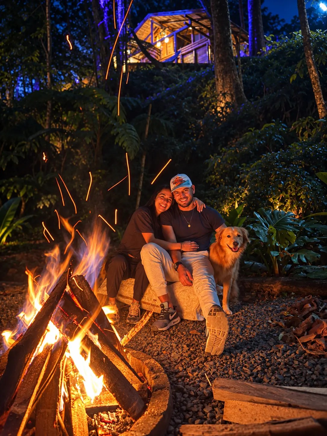 Pareja junto a la fogata en Magic de noche